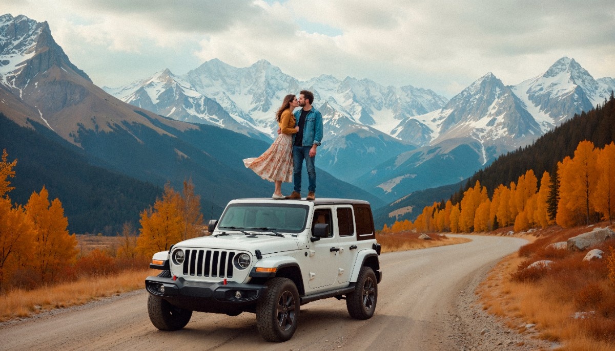 Couple travelling to a mountaintop destination